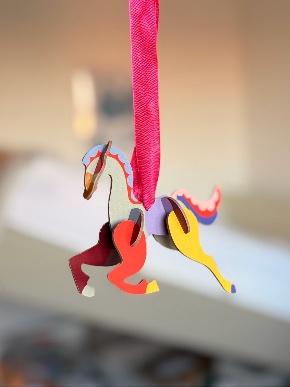 Handcrafted Multicolor Horse Hanging Ornament - Pink Ribbon